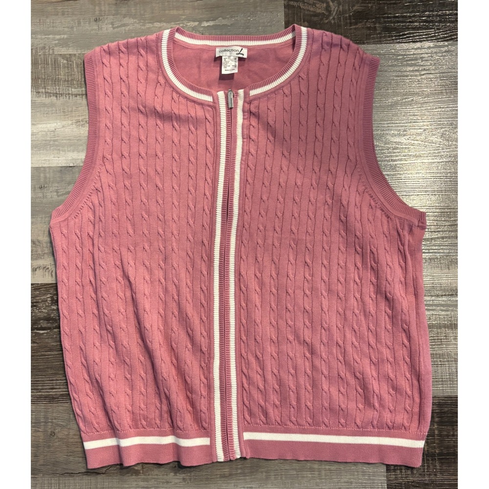 Collection L‎ Pink Cable Knit Zip Front Sweater Vest White Trim Womens Size 18